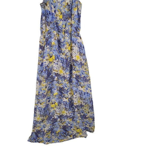 BANANA REPUBLIC XS 100% Silk Maxi Dress Blue Yellow Floral Print Blouson Strap M - Picture 7 of 11